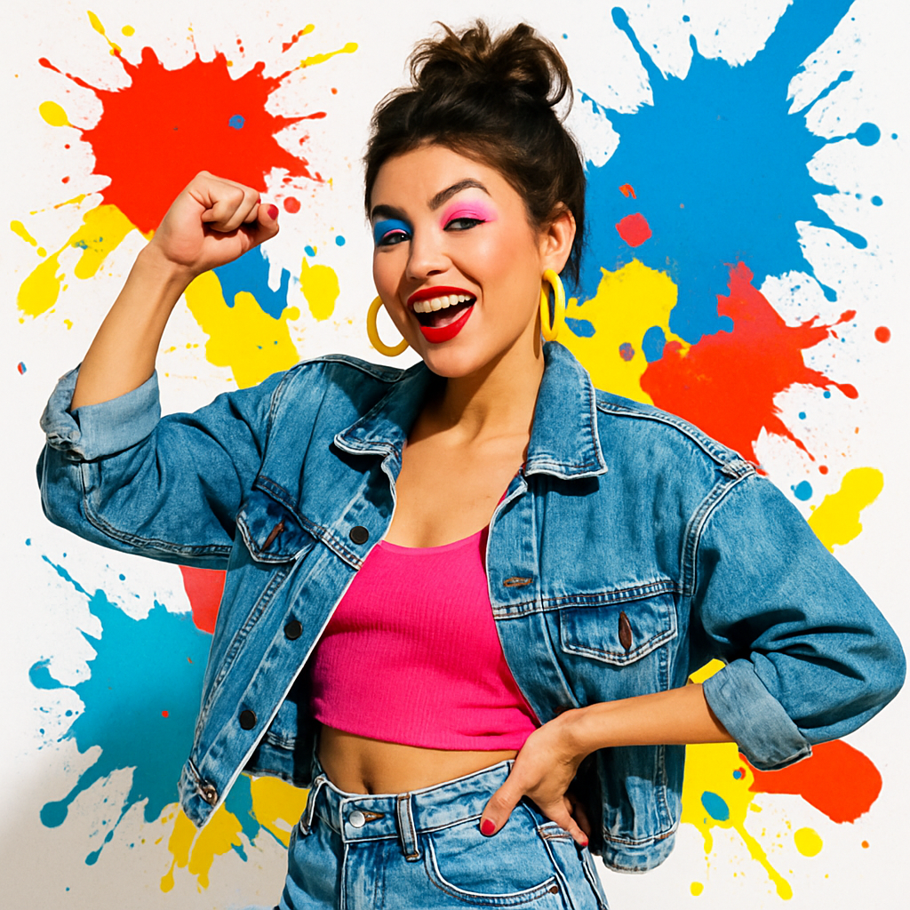 Playful pop art model with vibrant makeup, street-style inspired, bold color splashes and confident pose. Expressive, fun and energetic vibe.