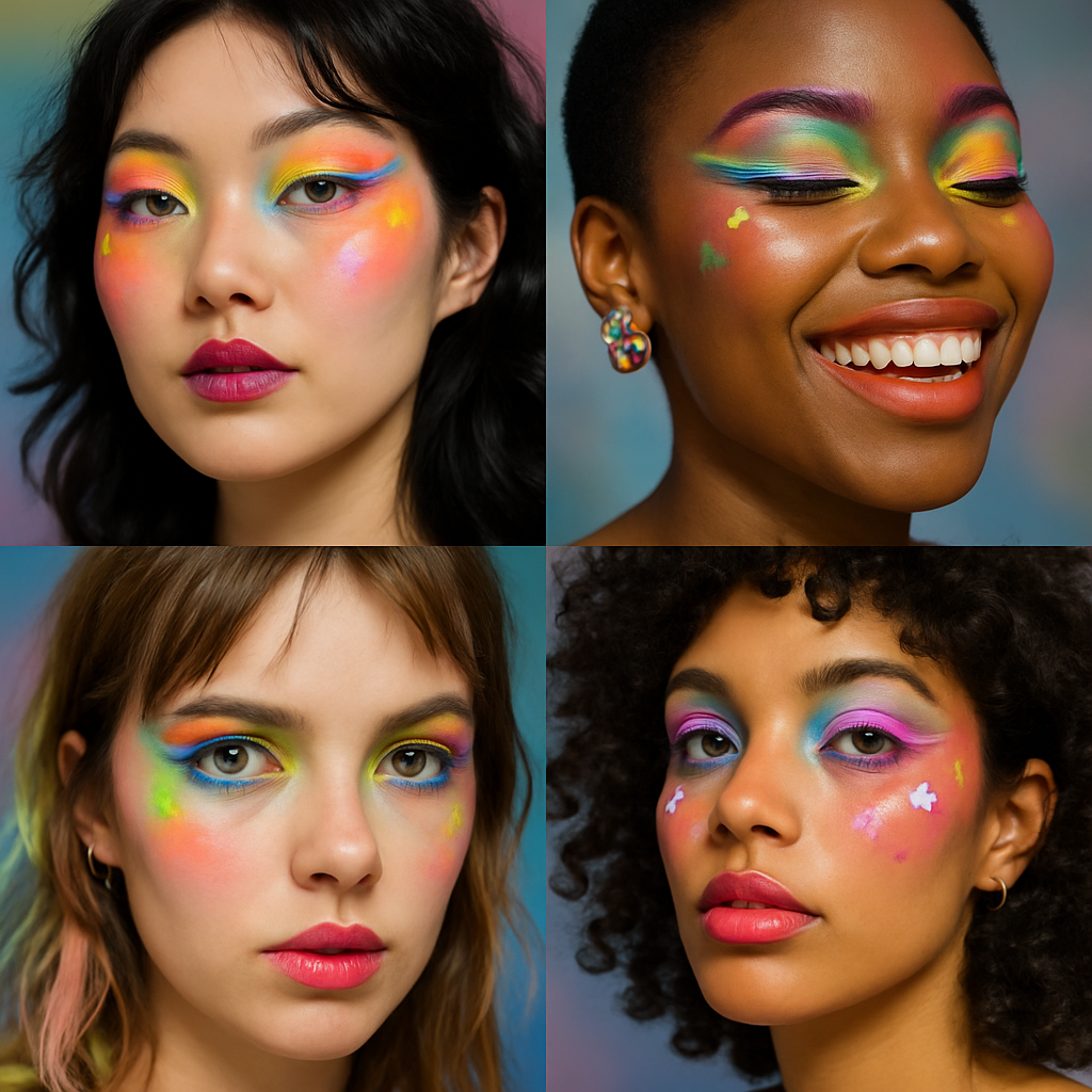 Collage of expressive KNDYPOP makeup looks on different faces, neon and pastel accents