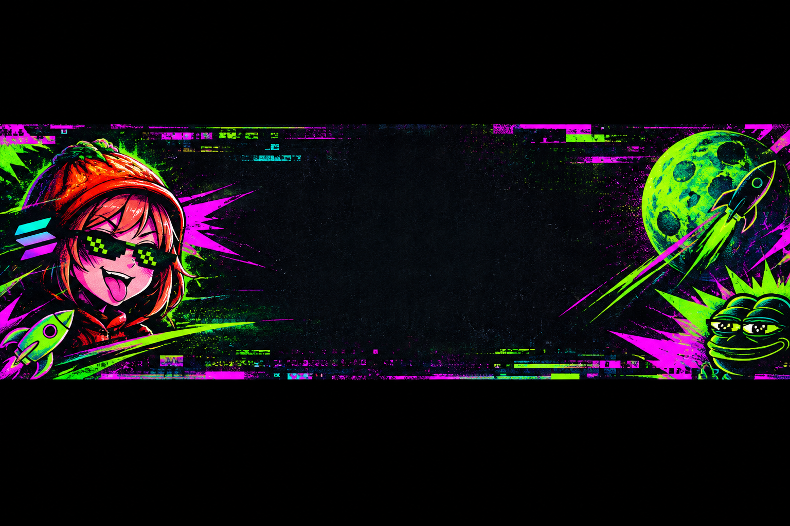 Wide neon meme-style horizontal banner with glitch textures and central open space for upcoming campaign art