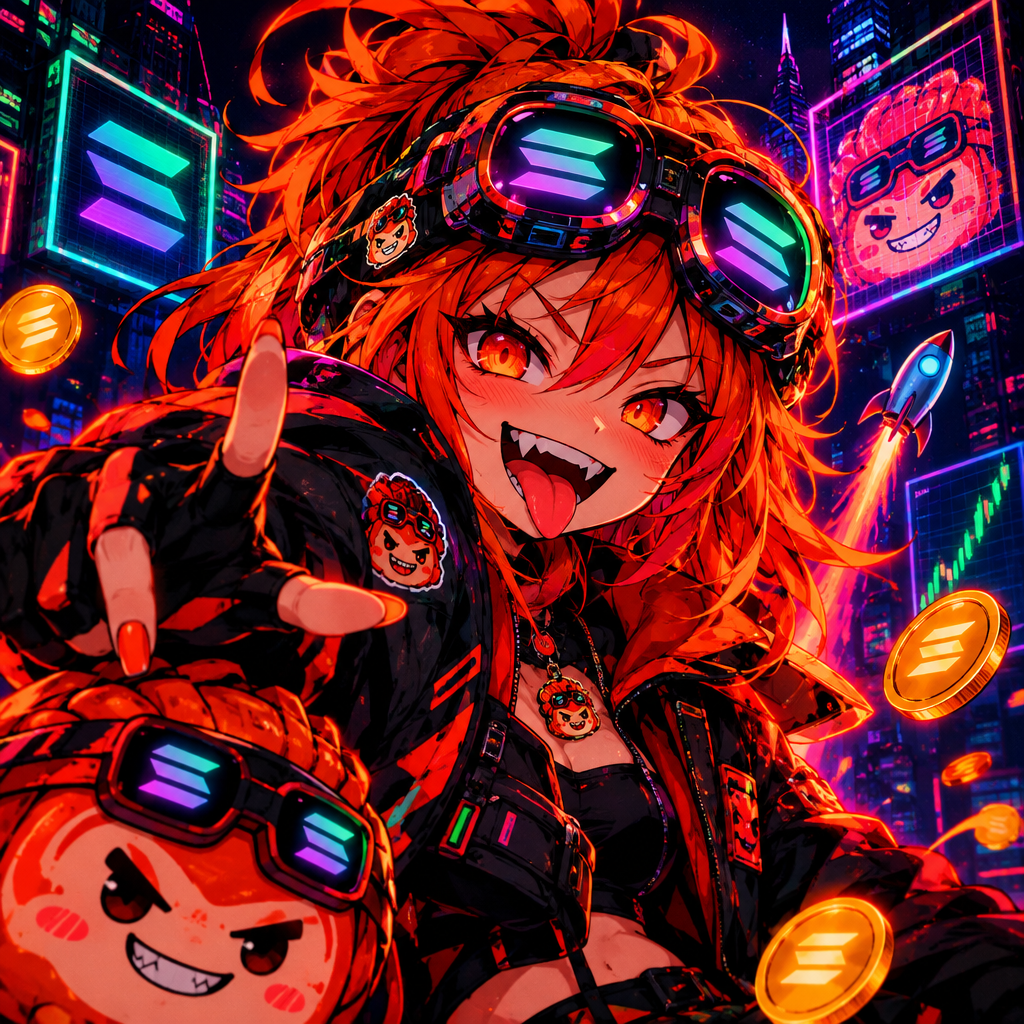 Chaotic anime-style kimchi mascot with fiery red-orange hair, neon goggles, and a mischievous grin on a dark cyberpunk backdrop