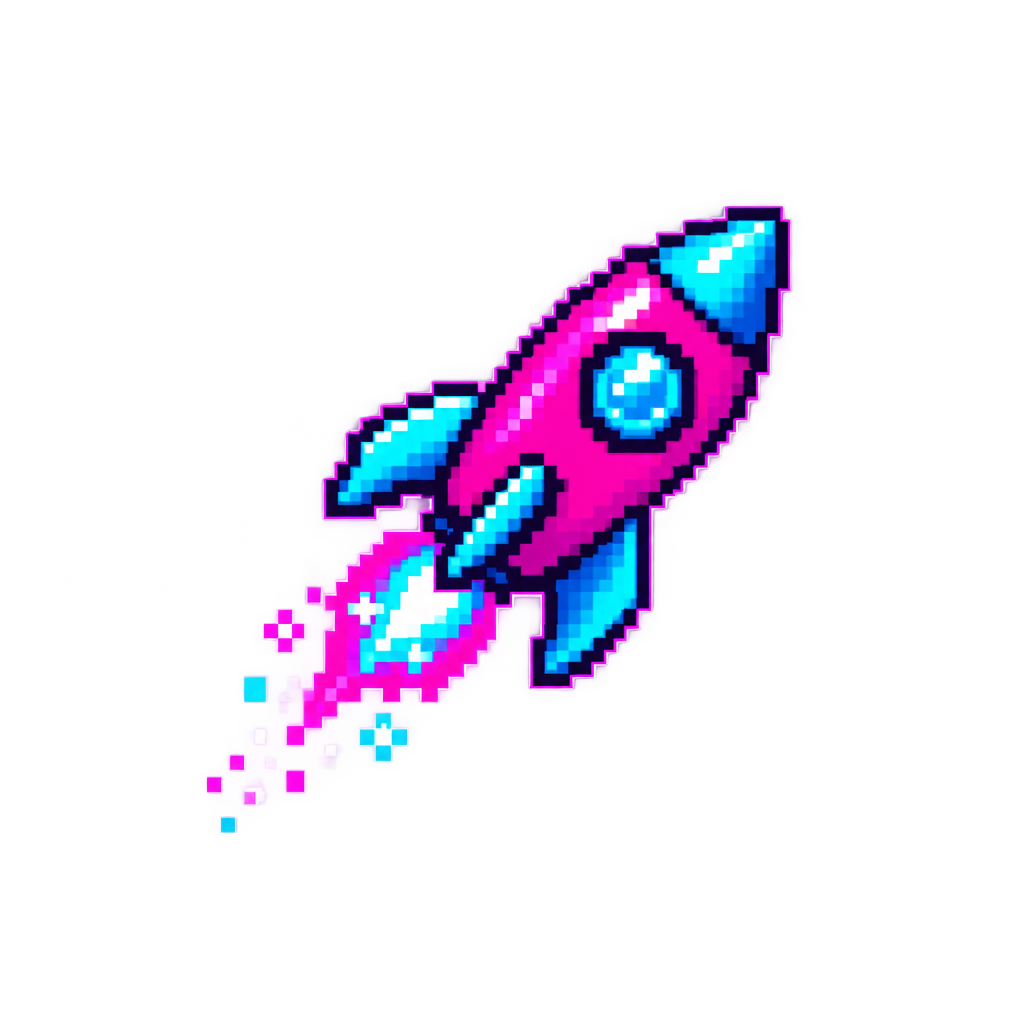 Small pixel-style neon rocket icon