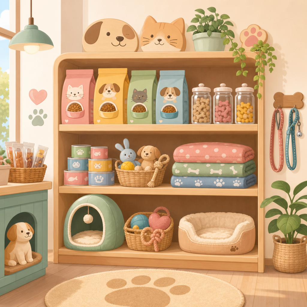 Cozy illustrated corner of a neighborhood pet shop with a tidy shelf of pet supplies