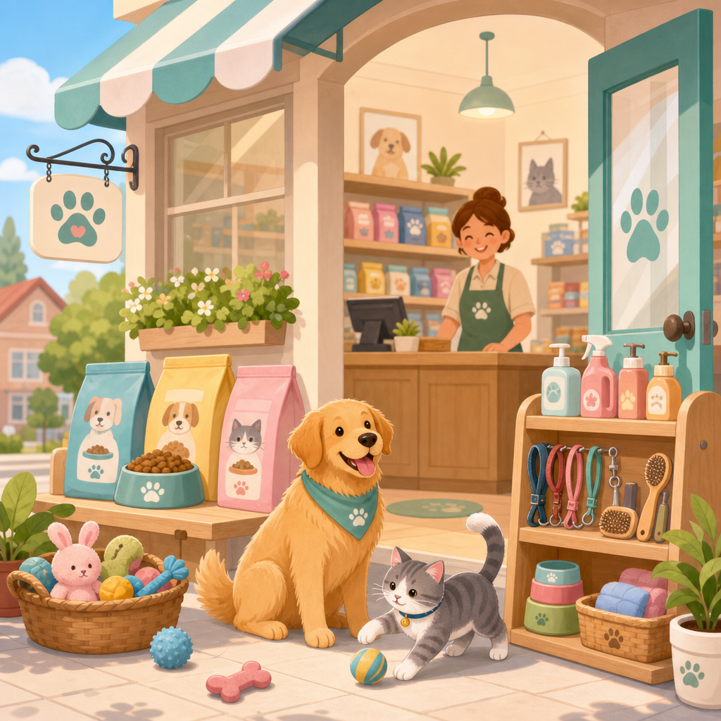 Cheerful dog and cat in front of a friendly neighborhood pet shop with food bags, toys, and helpful staff