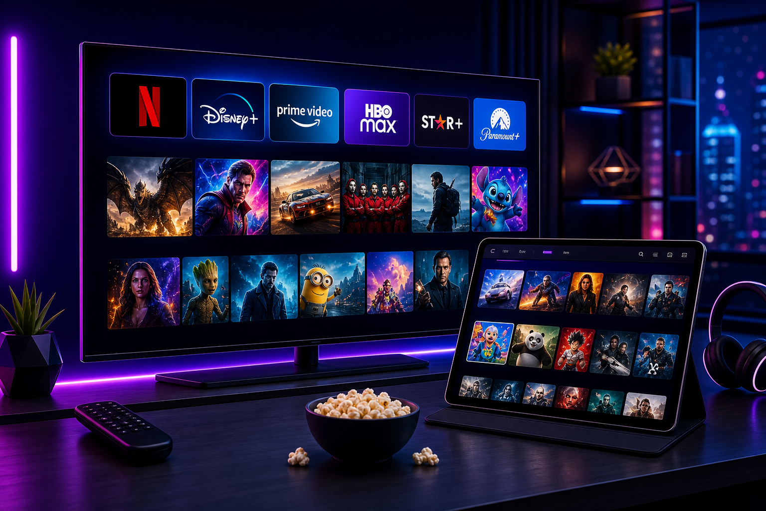 Dispositivos modernos mostrando interfaces de streaming con pantallas brillantes y controles digitales