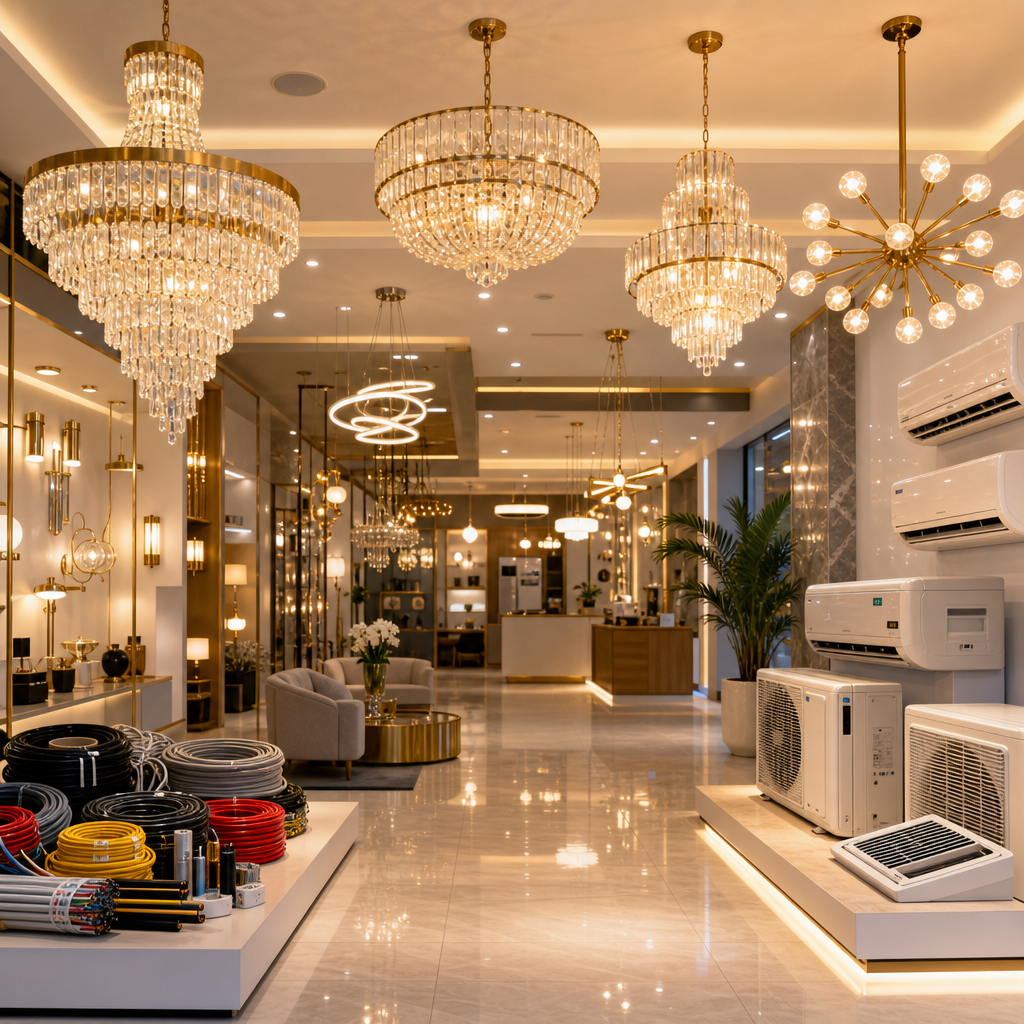 Refined showroom-like interior scene featuring elegant chandelier lighting with visible wall-mounted air-conditioning context and clean geometric styling