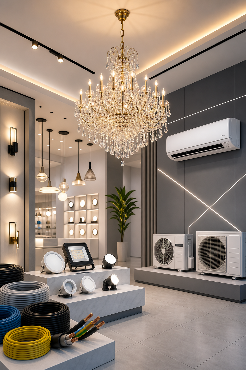 Refined showroom-like interior scene featuring elegant chandelier lighting with visible wall-mounted air-conditioning context and clean geometric styling