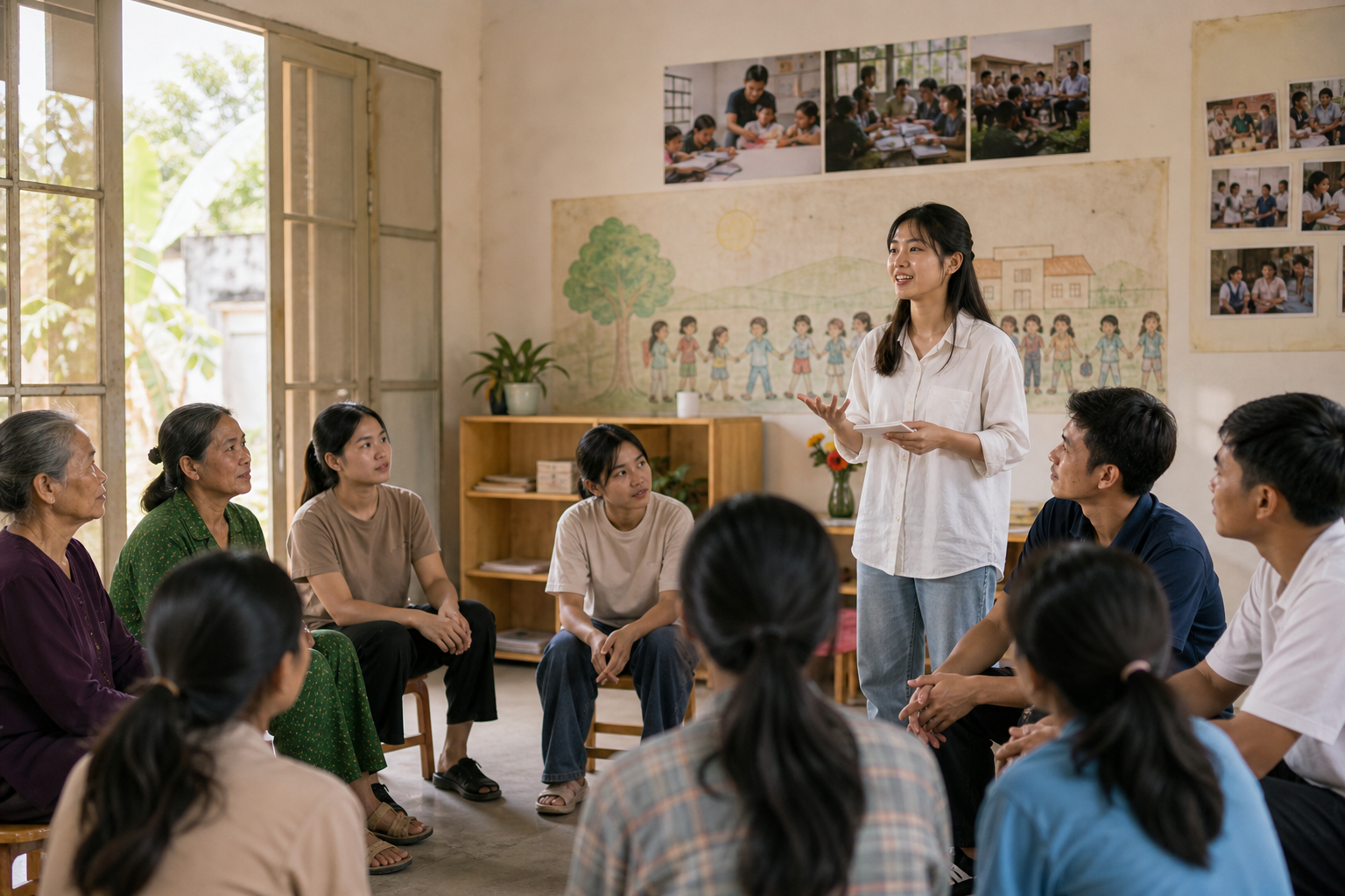 Buổi sinh hoạt truyền thông cộng đồng nơi các thành viên chia sẻ câu chuyện về cơ hội học tập công bằng