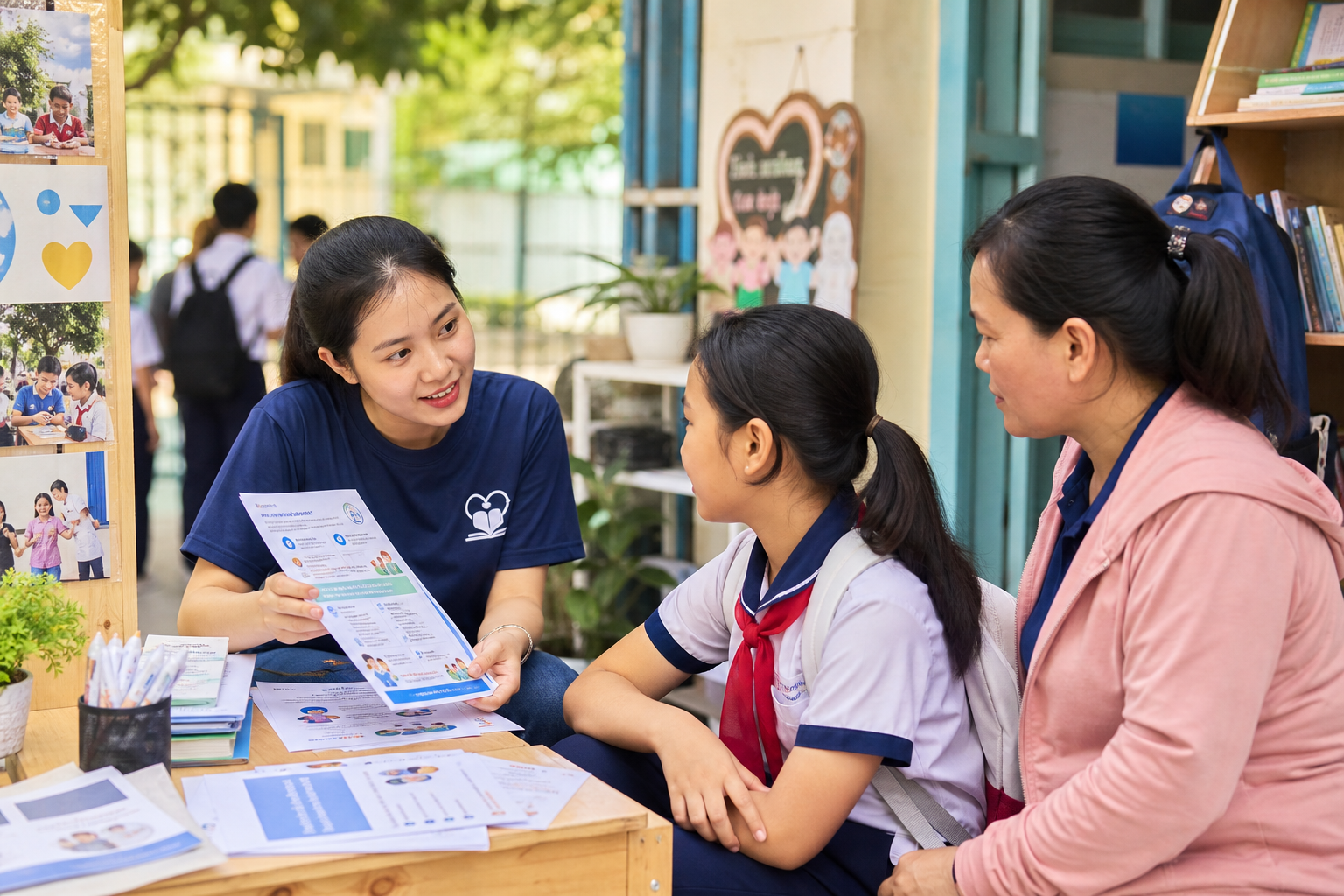 Nhóm hỗ trợ cộng đồng đang tư vấn cho học sinh và người chăm sóc tại điểm tiếp cận học tập miễn phí