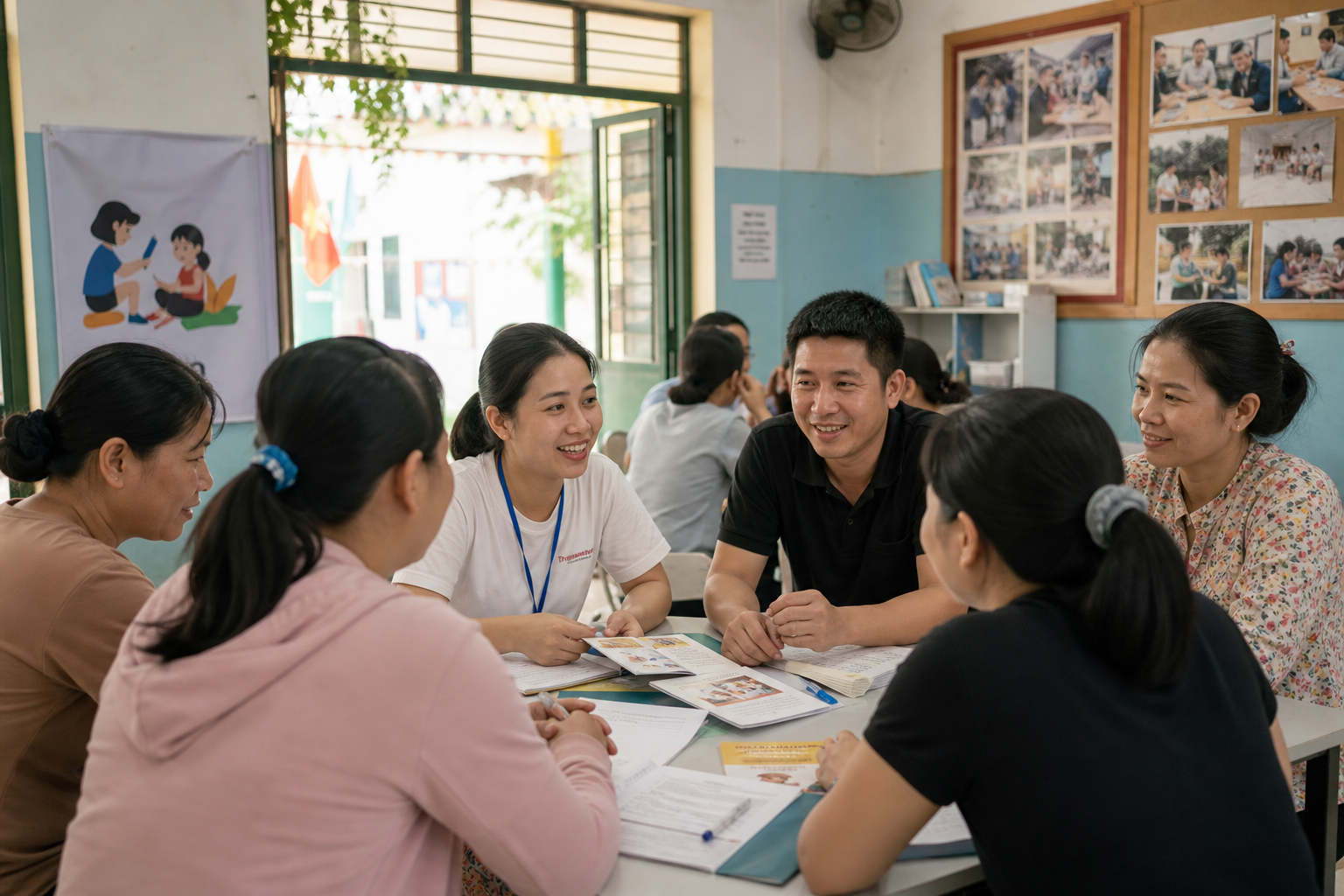 Tình nguyện viên và phụ huynh cùng thảo luận trong buổi kết nối cộng đồng về nhu cầu học tập của trẻ em tại địa phương