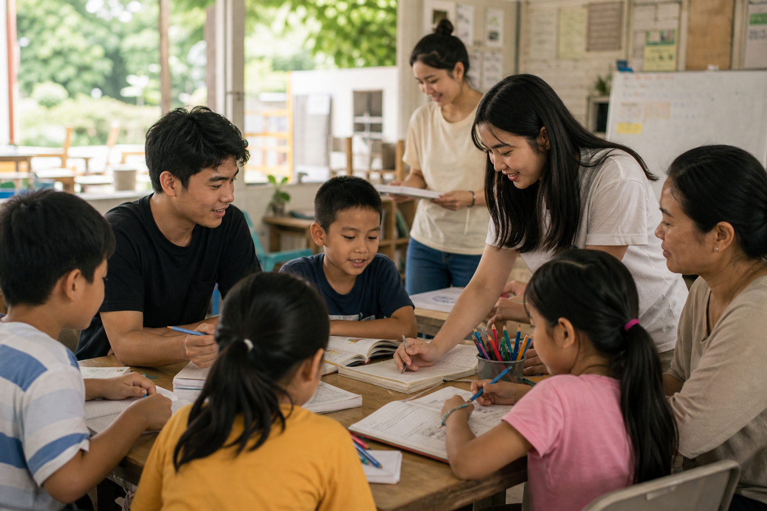 Tình nguyện viên và học sinh tham gia buổi học cộng đồng trong không gian mở, thể hiện tinh thần sẻ chia và hỗ trợ giáo dục