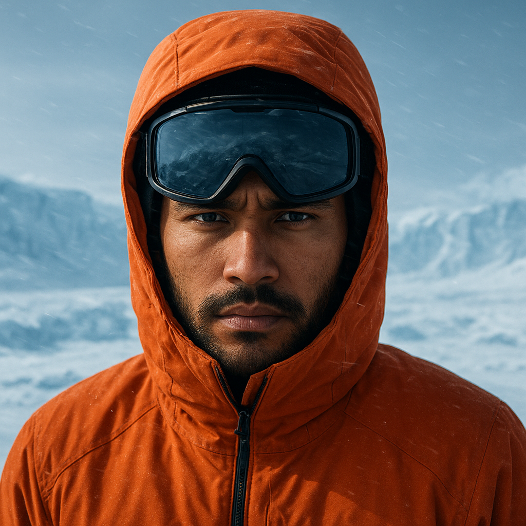 Portrait of a young explorer with goggles on a hooded parka