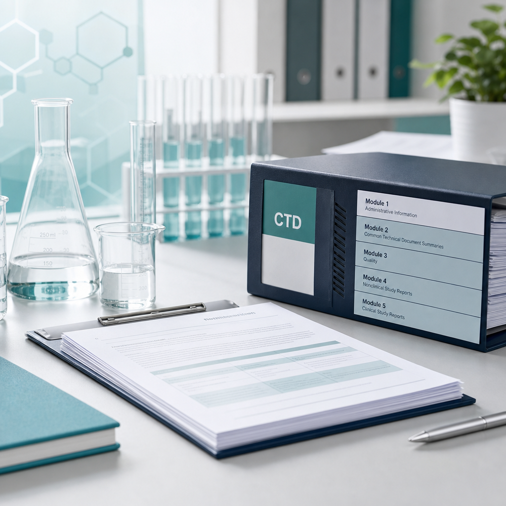 Pharmaceutical drug registration dossiers with lab glassware