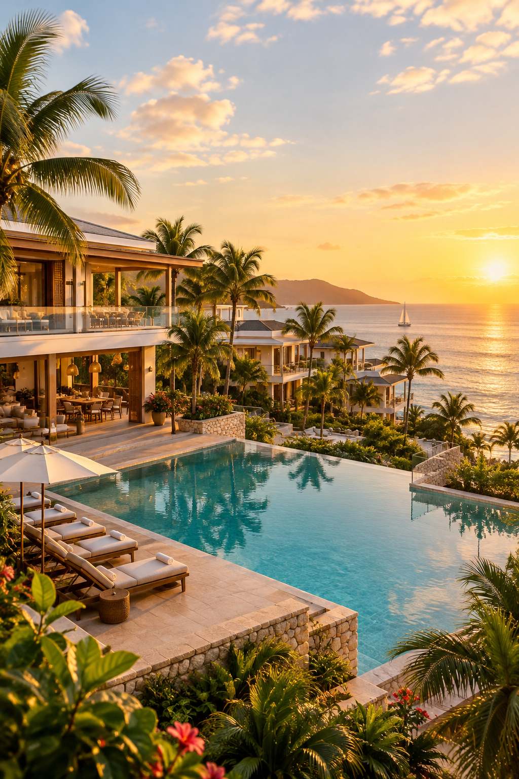 Modern beachfront resort development in the Caribbean with palm-lined terraces and warm evening light
