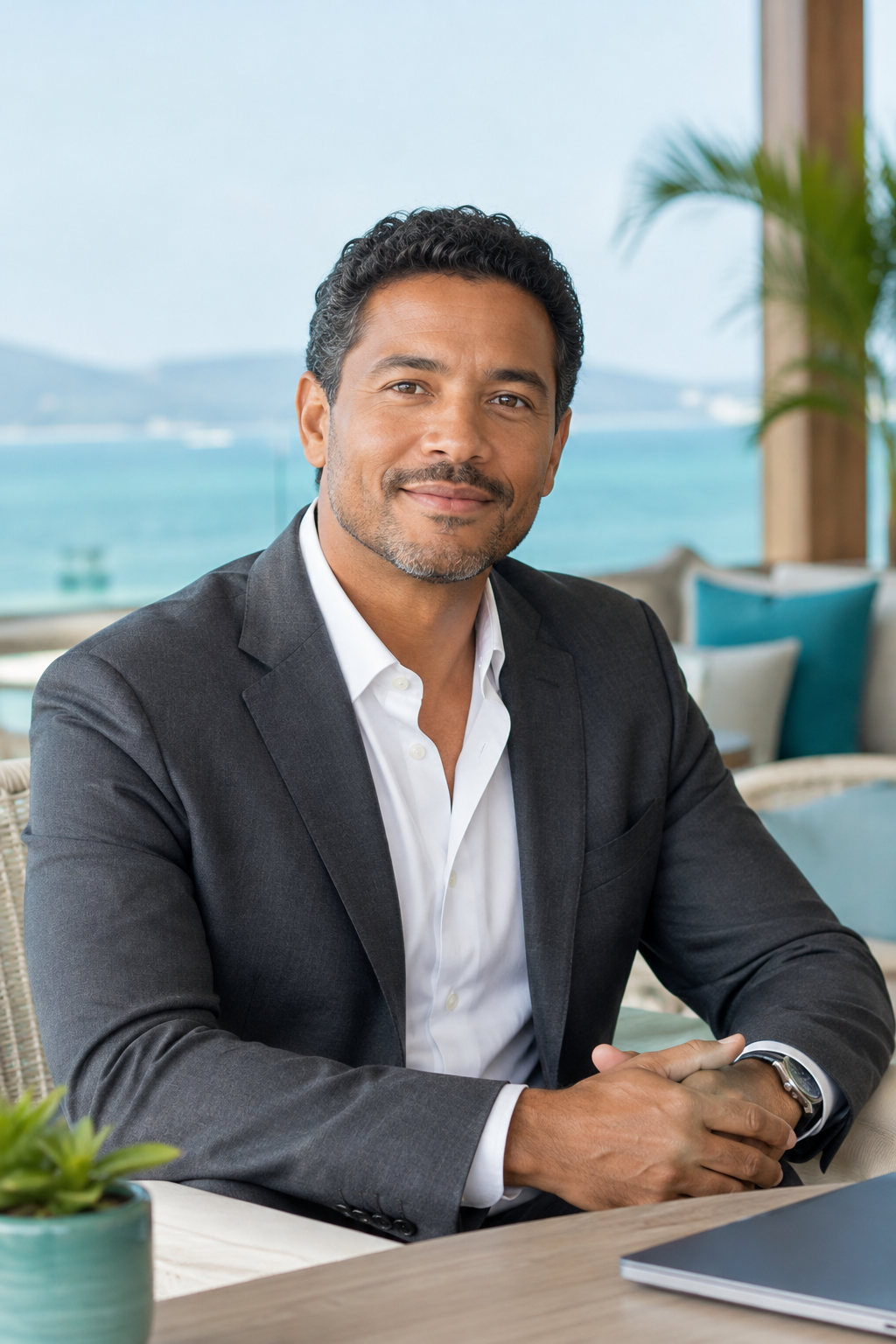 Portrait of a regional partnerships executive with medium brown skin in a charcoal suit, smiling in a coastal business setting