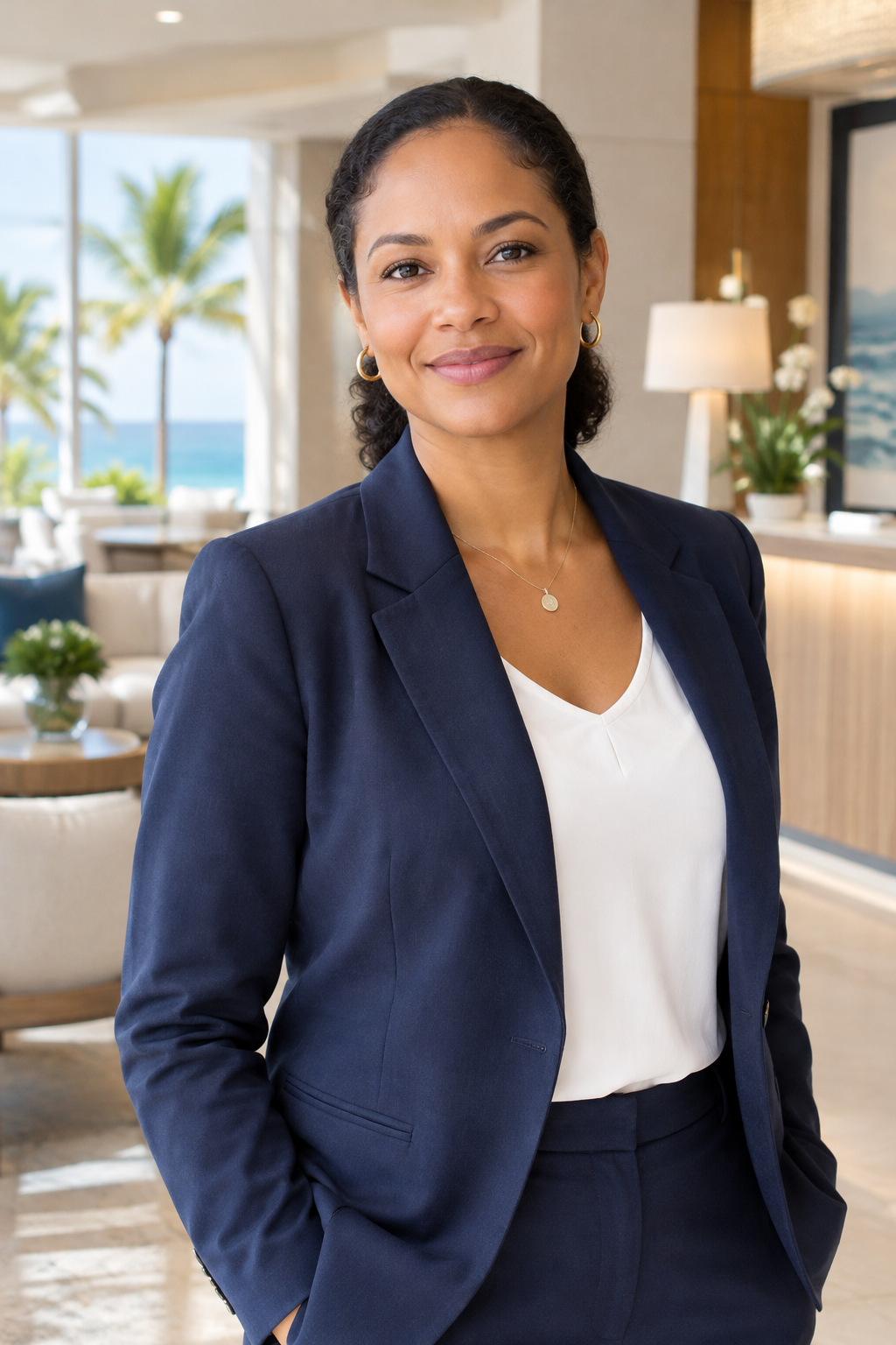 Portrait of a Caribbean hospitality strategy director in a navy blazer, standing in a modern hotel lobby