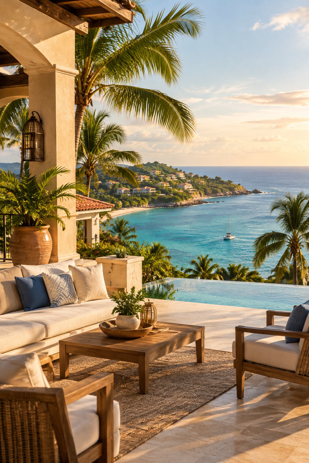 Elegant Caribbean resort terrace overlooking a turquoise bay with tropical greenery and warm evening light