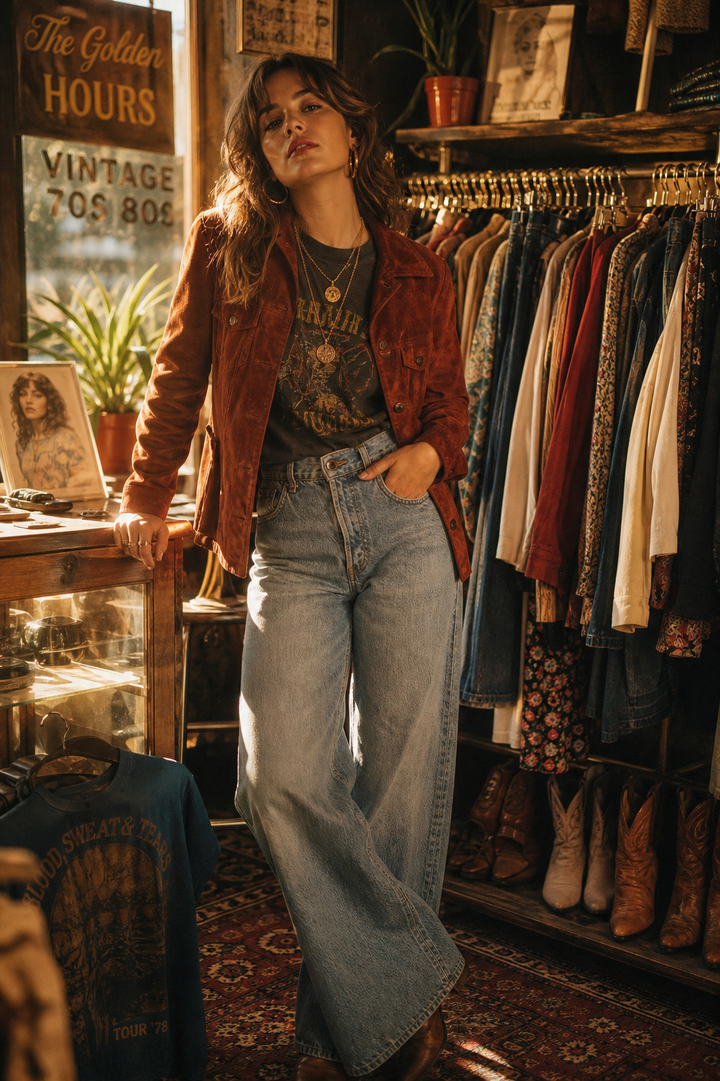 Golden-hour editorial shot of a model wearing a rust suede jacket, wide-leg denim, and vintage accessories in a boutique setting