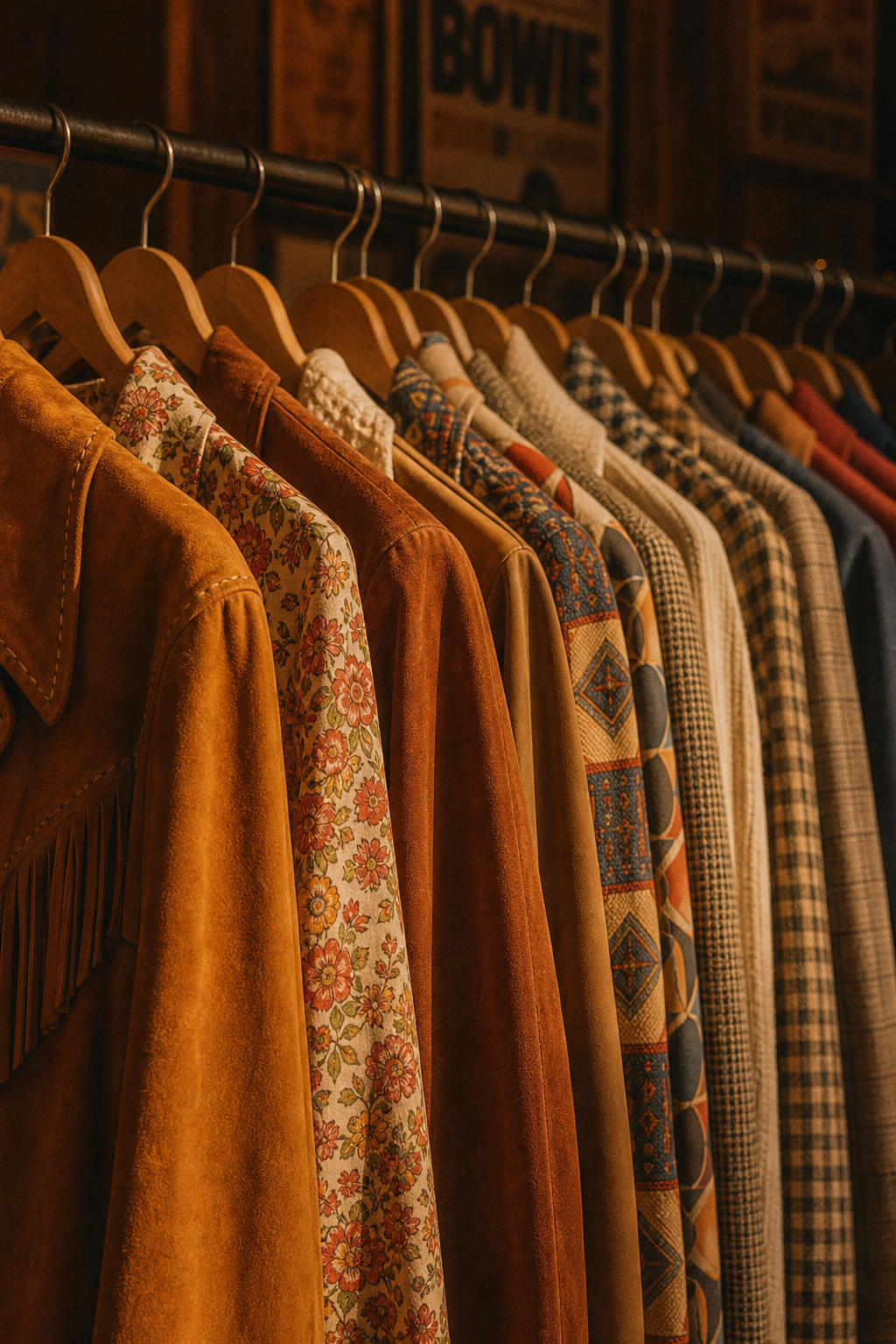 Cinematic close-up of a curated vintage clothing rack with 70s and 80s garments in warm, sun-faded tones