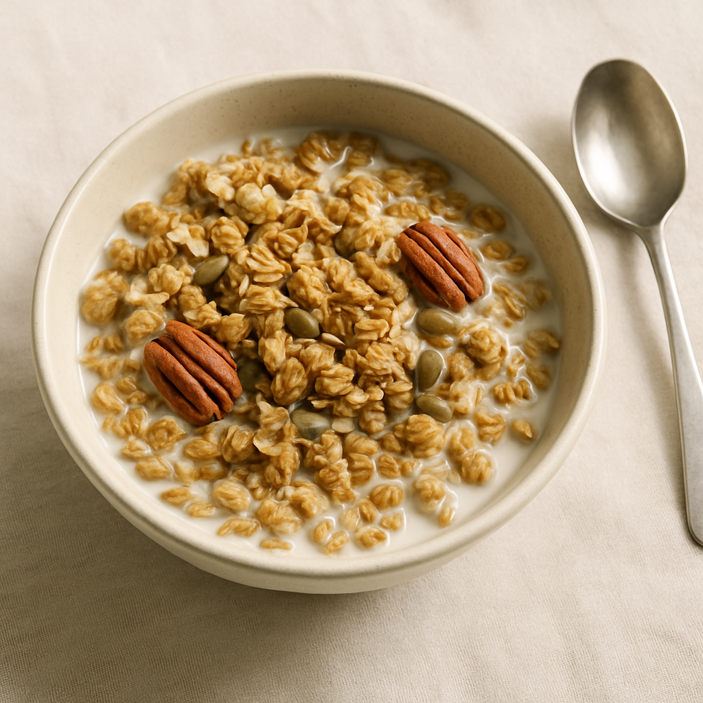 Crunchy granola cereal with oats, seeds, and pecans in a ceramic bowl with milk