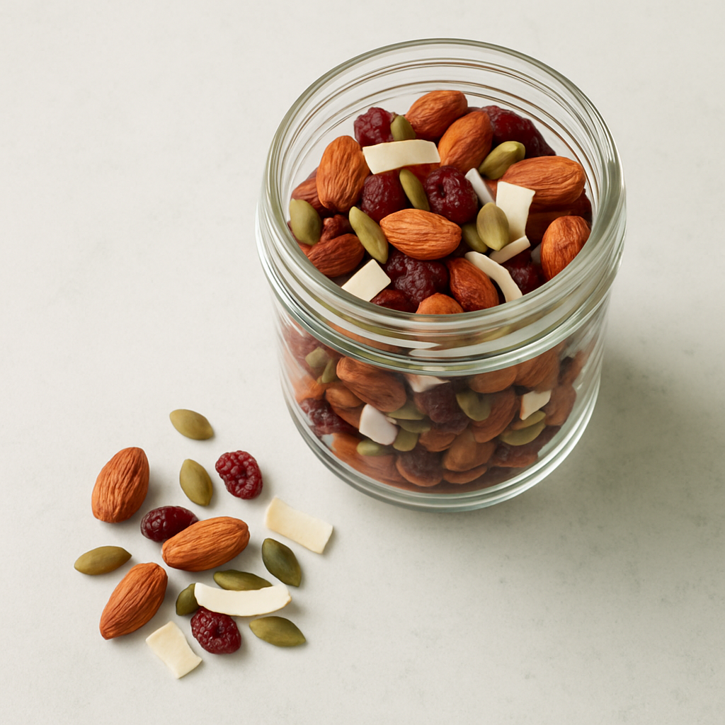 Trail mix with roasted almonds, pumpkin seeds, dried cranberries, and coconut chips in a glass jar