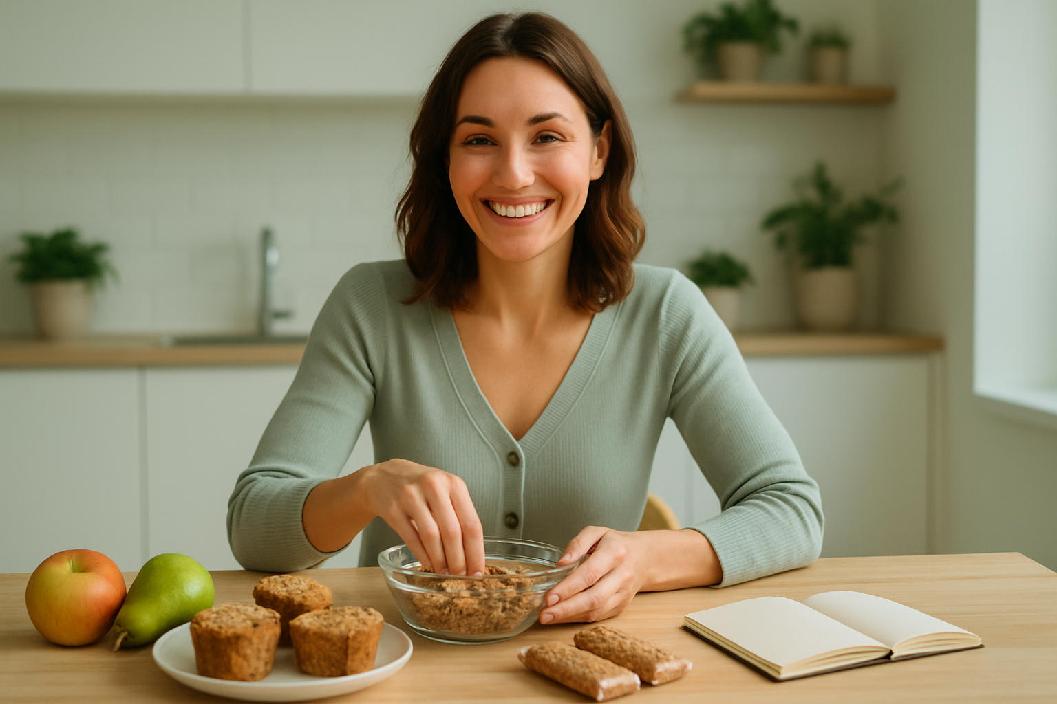 A smiling wellness coach at a bright kitchen table with bowls of granola cereal, oat muffins, and granola bars, preparing healthy snack options