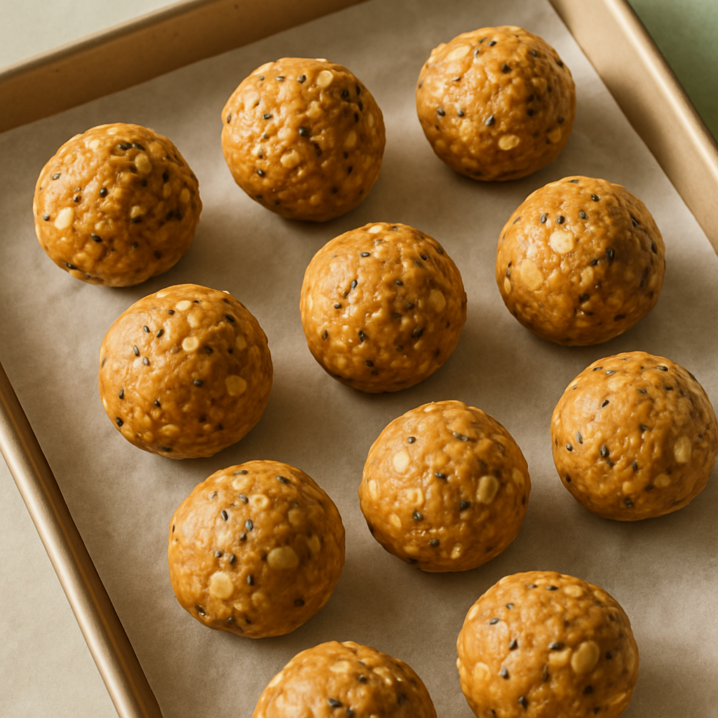 No-bake peanut oat energy bites with chia seeds on a parchment-lined tray