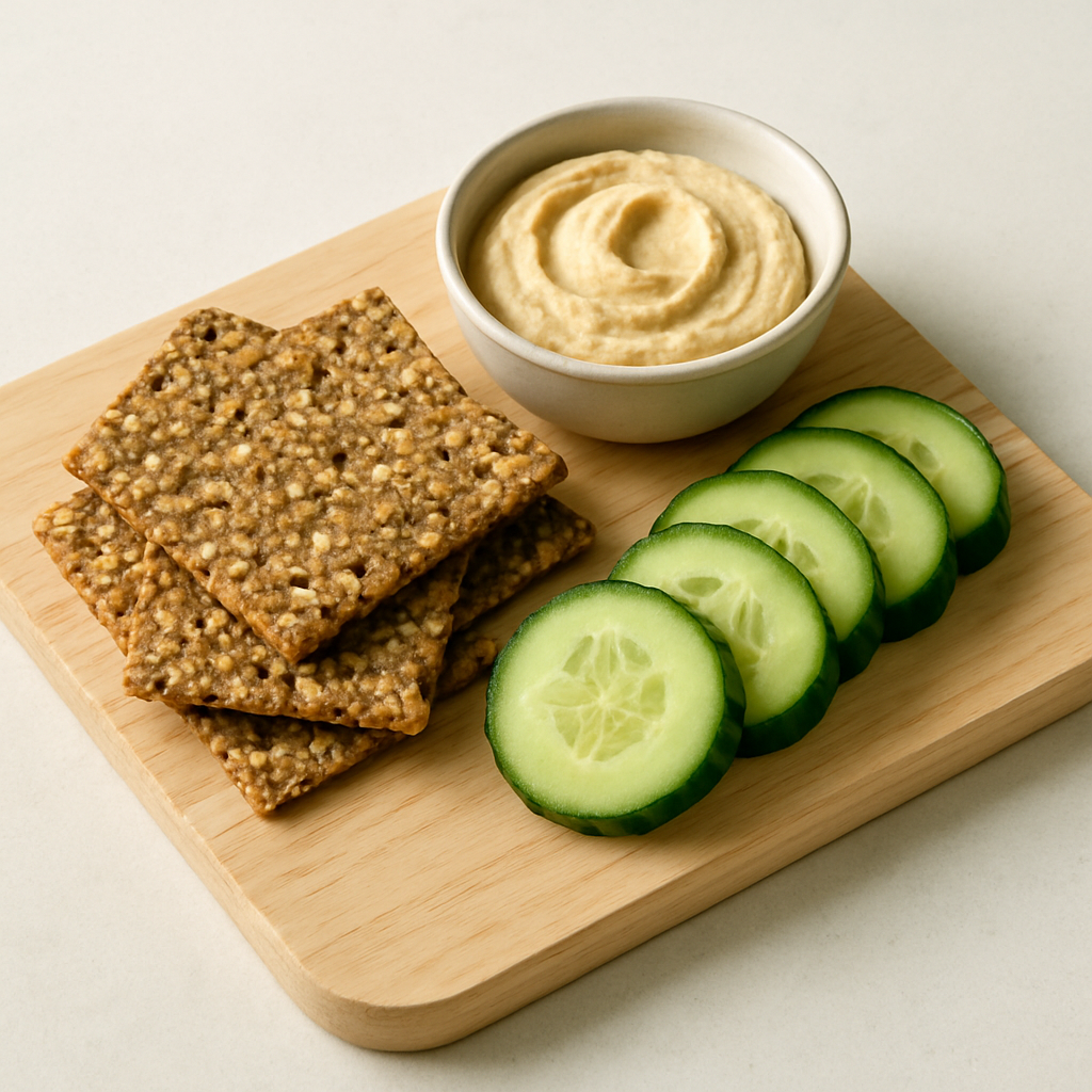 Seeded whole-grain crackers with hummus and sliced cucumber in a snack plate setup