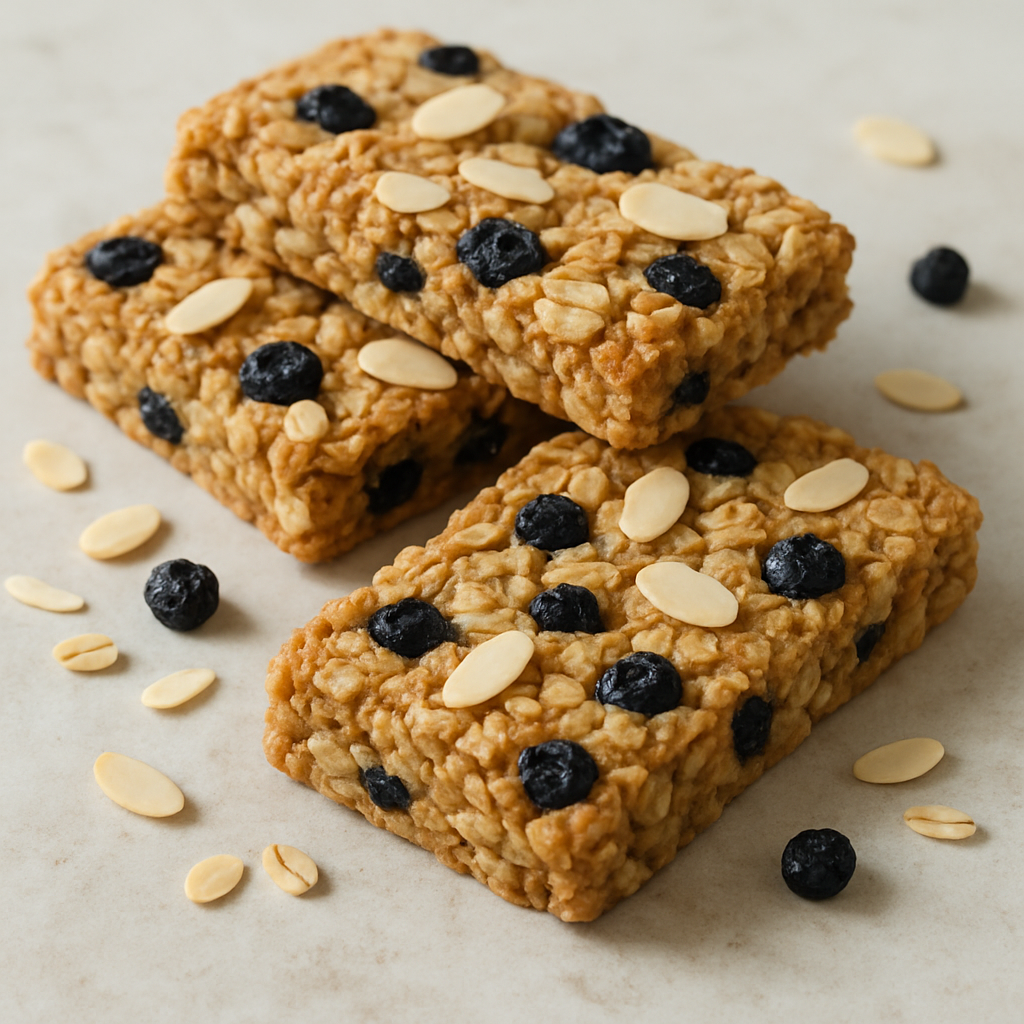 Soft-baked oat bars with almonds and dried blueberries on a light stone surface