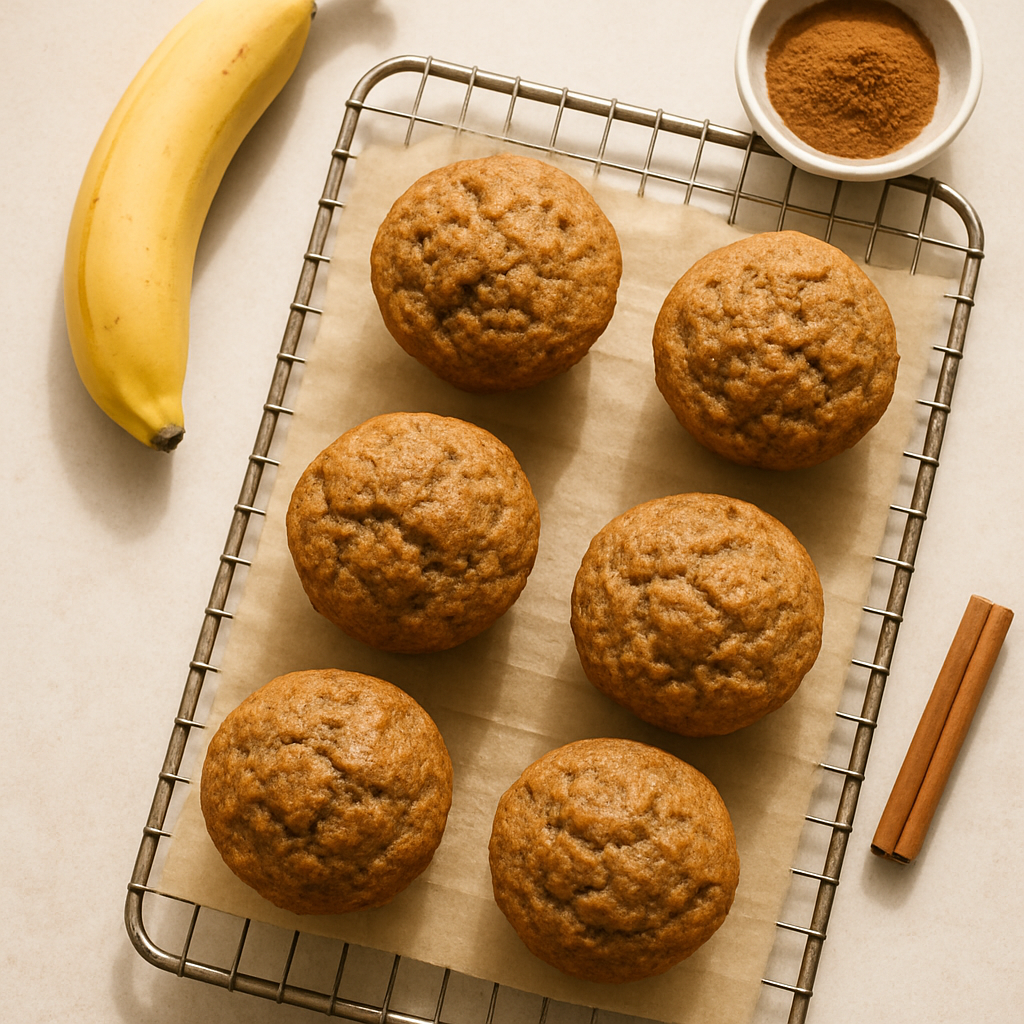Whole-grain mini muffins with banana and cinnamon arranged on a cooling rack