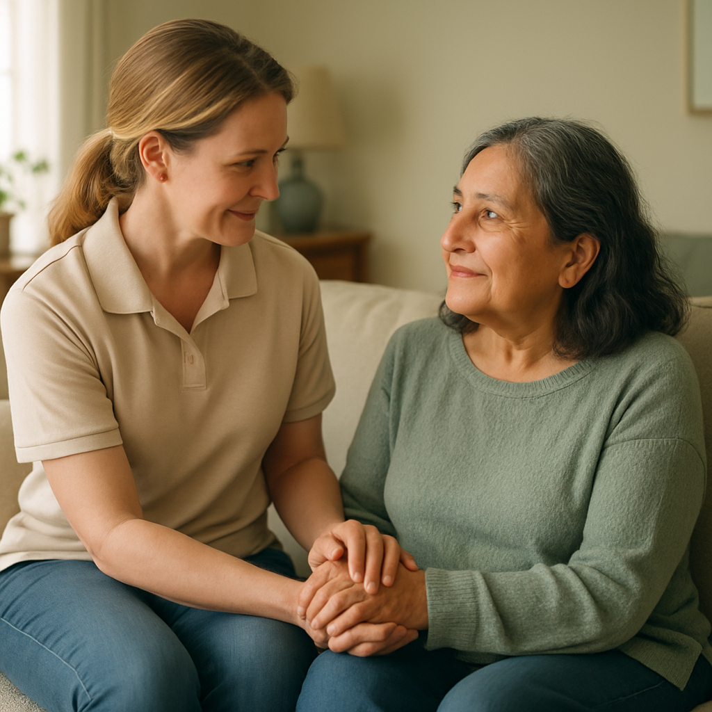 A warm, gentle caregiver holding the hands of an older adult in a softly lit home setting, conveying safety, respect, and community care