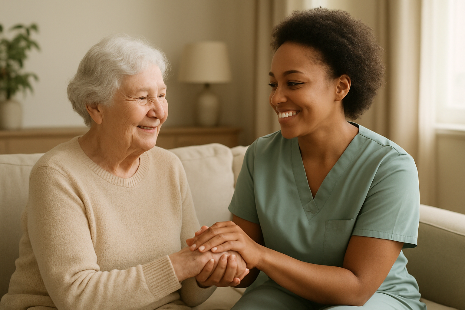 A warm, gentle caregiver holding the hands of an older adult in a softly lit home setting, conveying safety, respect, and community care