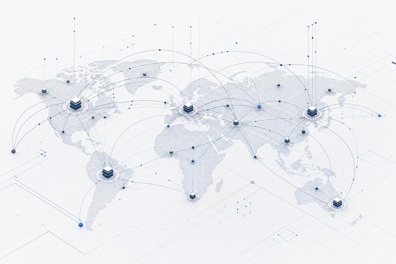 Abstract secure digital distribution network diagram with global routing lines, node clusters, and fulfillment flow paths