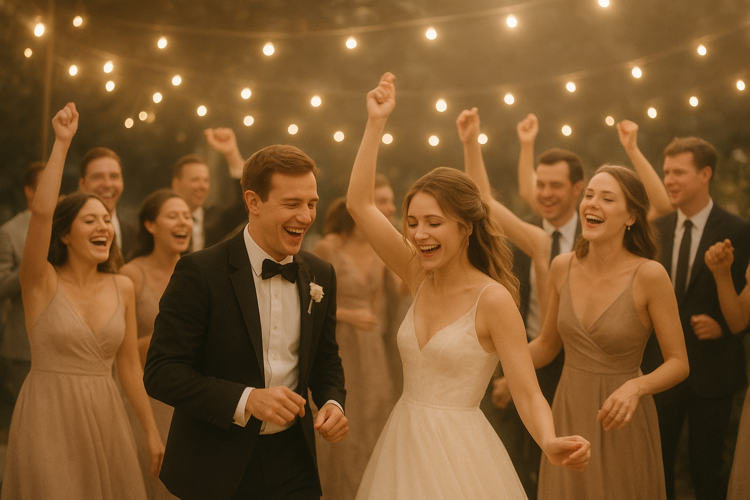 Wedding reception celebration with guests dancing under warm evening lights