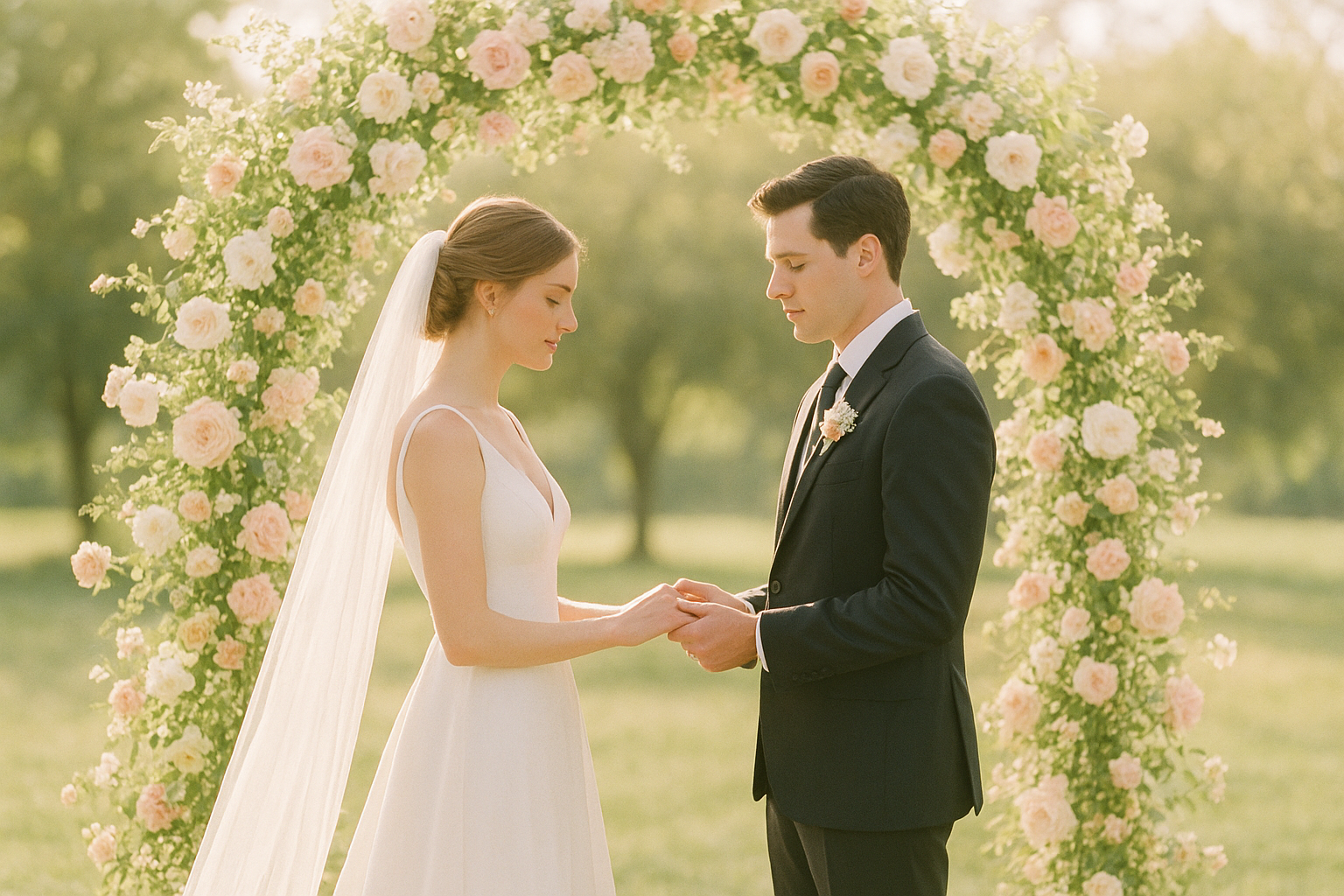 Bride and groom exchanging vows during an outdoor ceremony in warm natural light