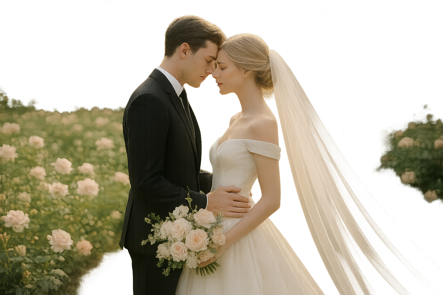 Romantic bridal portrait session in a pastel garden with soft backlight
