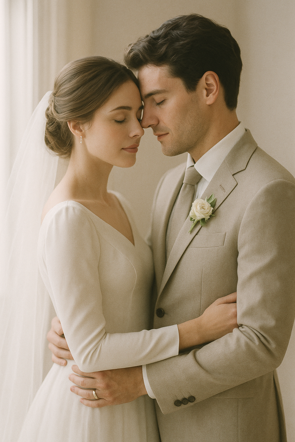 Soft luminous fine-art portrait of a newlywed couple embracing in natural light with airy pastel tones and romantic editorial styling
