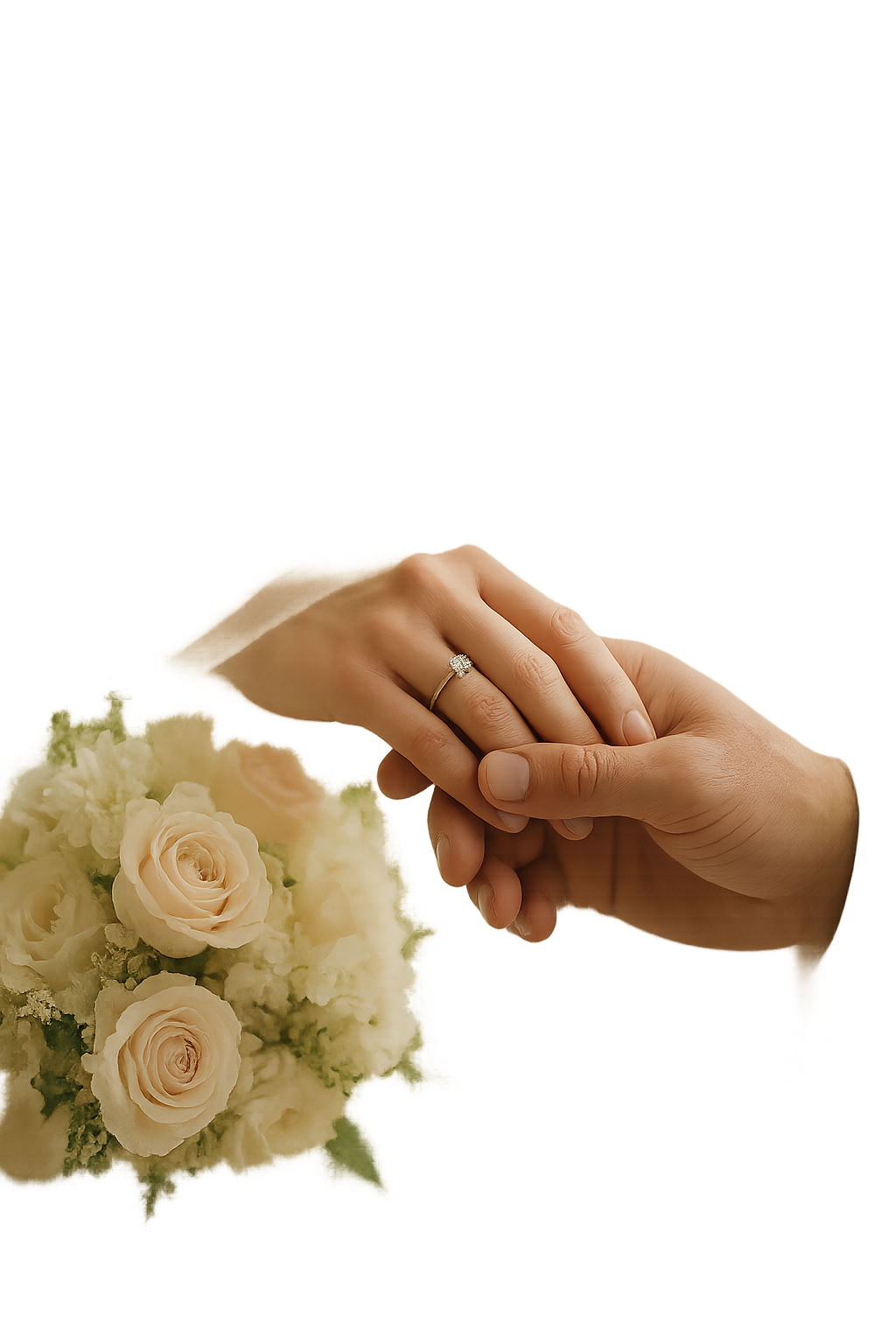 Close intimate detail of newlyweds' hands beside soft florals and flowing veil