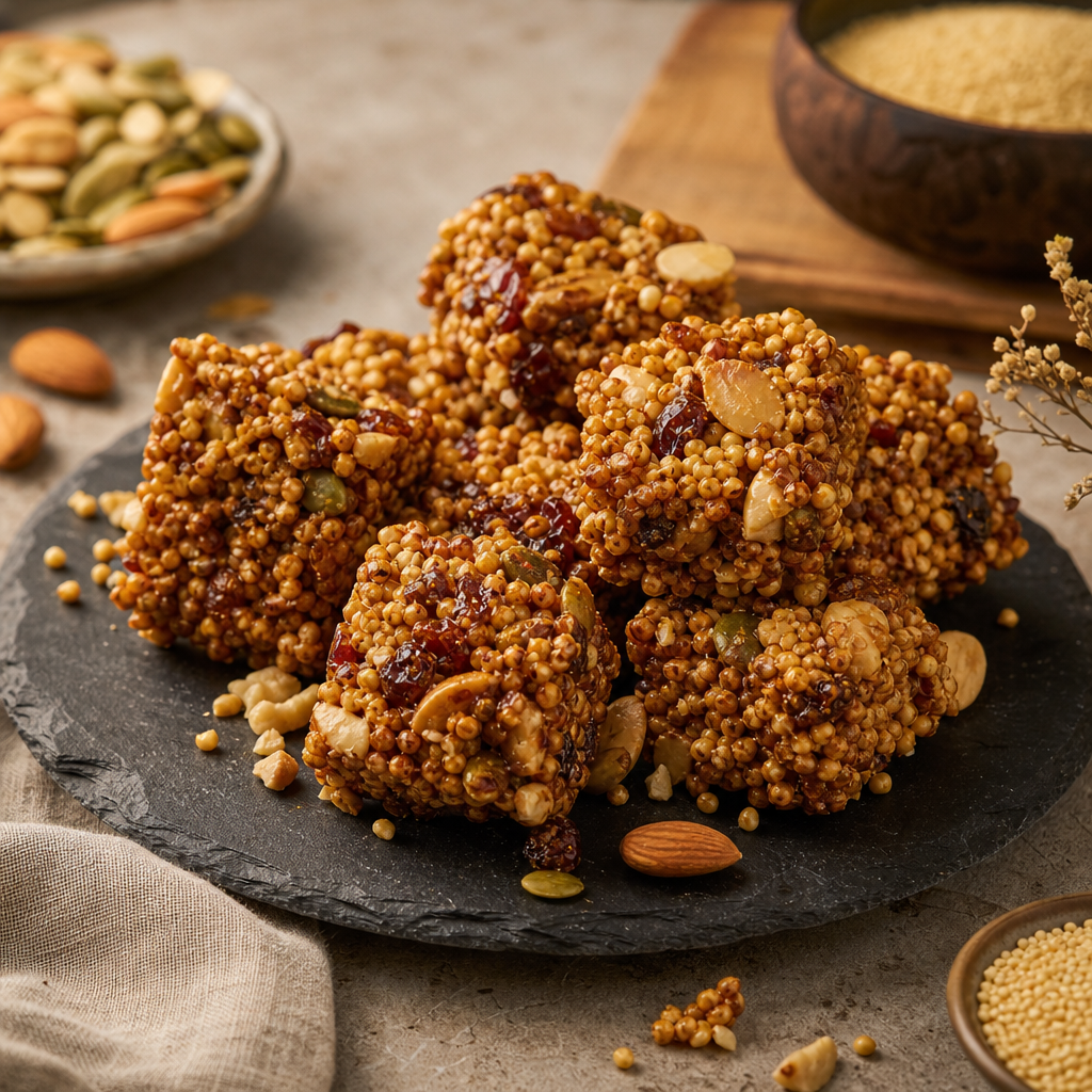 Activated Ancient Crunch clusters with seeds and millet in a textured artisan plate
