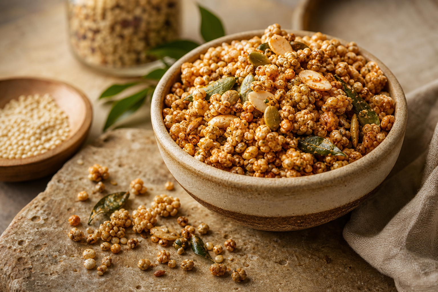 Premium styled bowl of activated millet crunch with visible toasted grains and spice texture