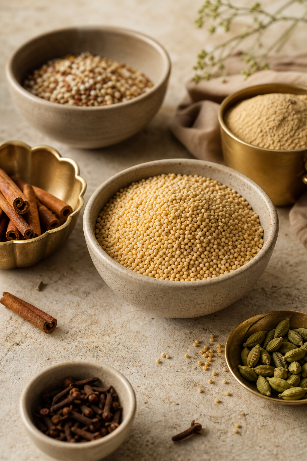 Close-up of handcrafted millet preparation with mixed grains and aromatic spices in artisanal bowls