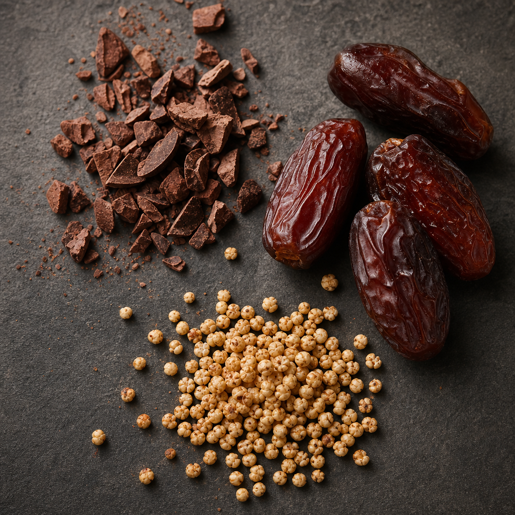 Toasted cacao pods, glossy medjool dates, and golden millet puffs arranged on dark stone