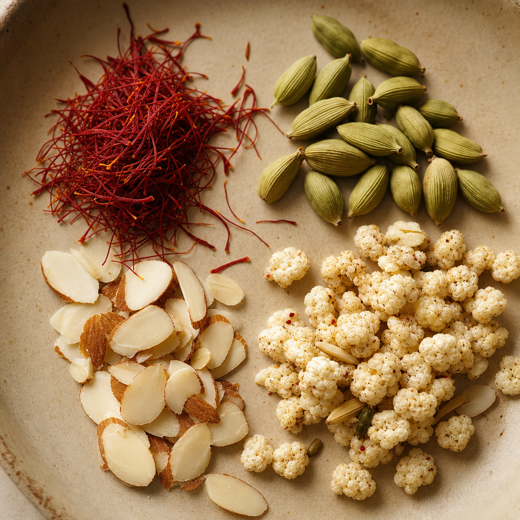 Saffron threads, green cardamom pods, and toasted sliced almonds beside crisp millet clusters