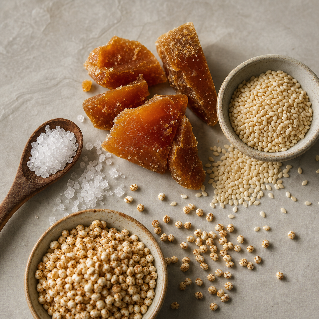 Golden jaggery shards, white sesame seeds, and sea salt crystals with millet crisps