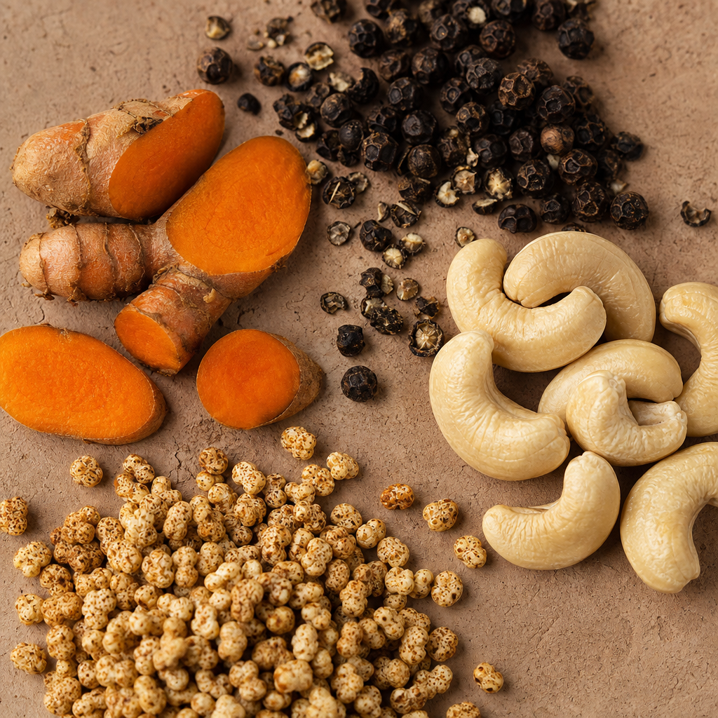 Fresh turmeric root, cracked black pepper, and curved cashews around crunchy millet pieces