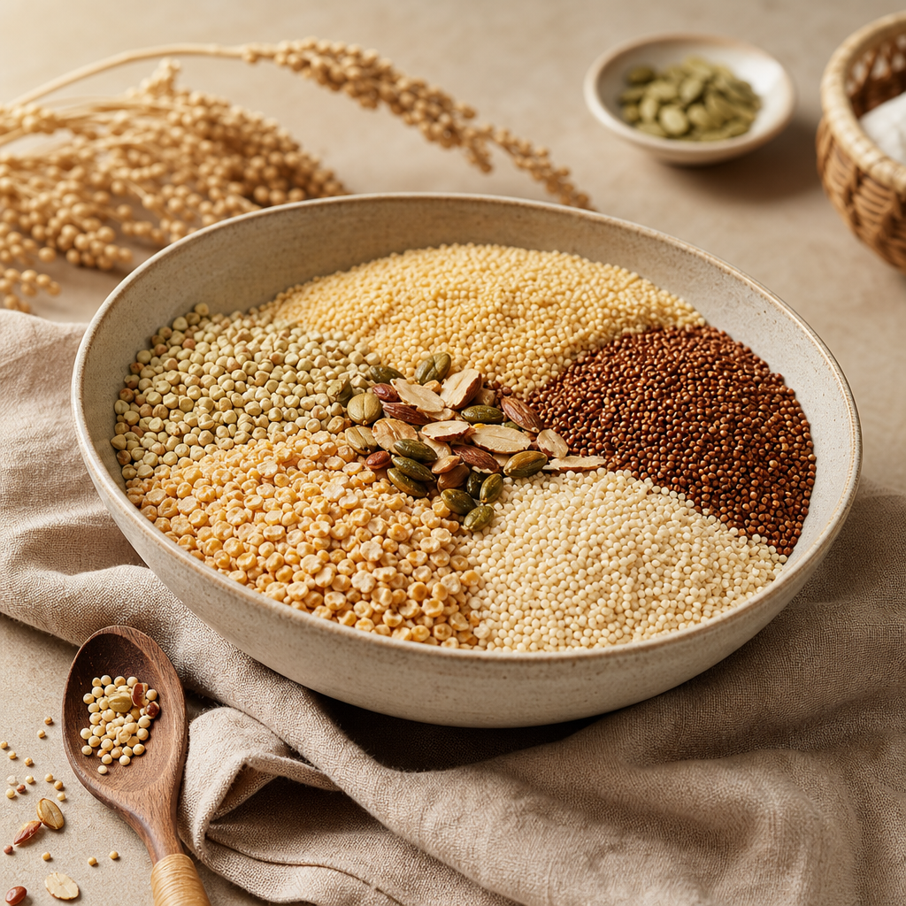 Heritage Mix Panchmel showing five-millet textures in a premium serving bowl