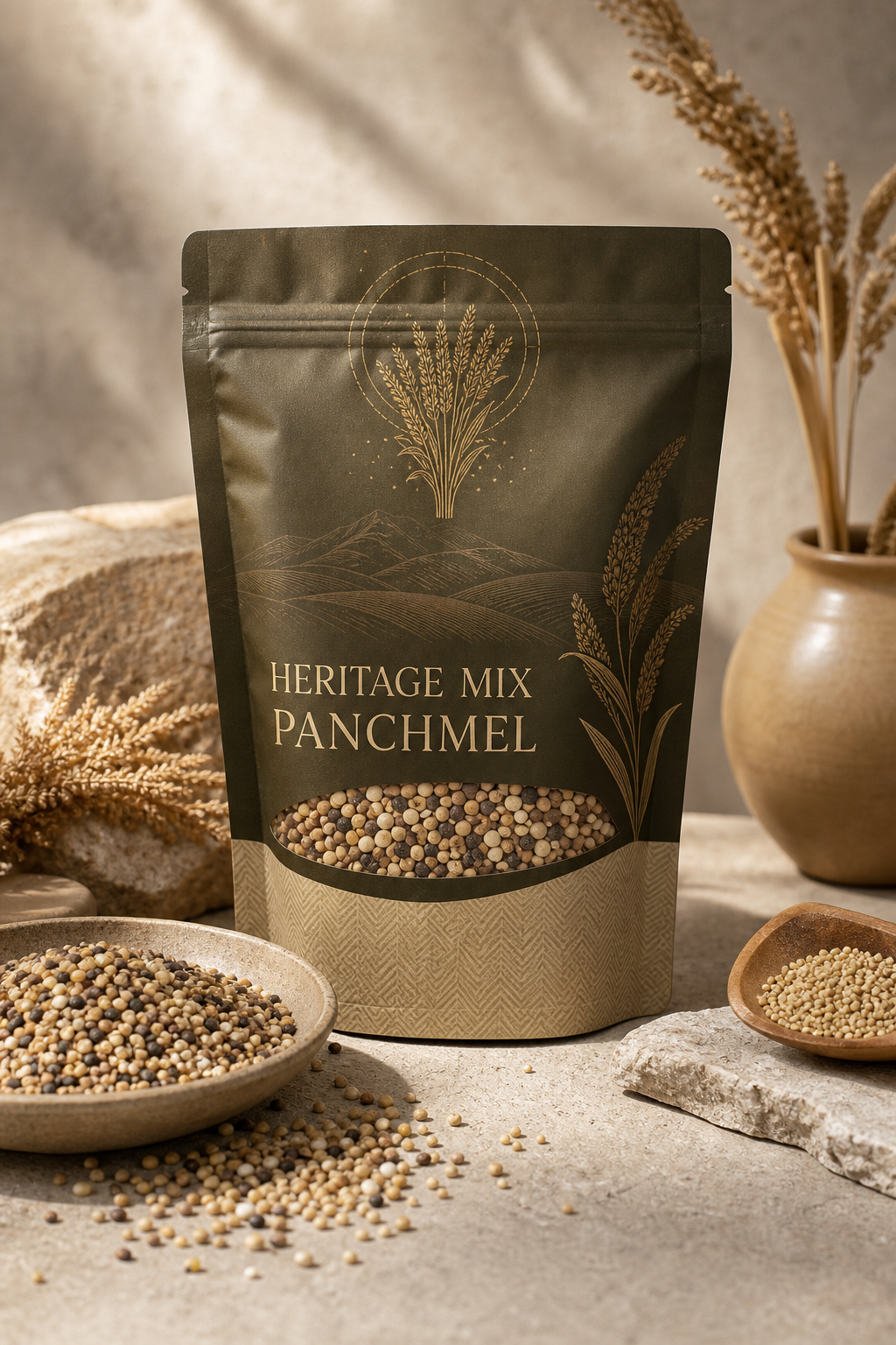 Heritage Mix Panchmel product pack with earthy premium label and visible millet texture cues