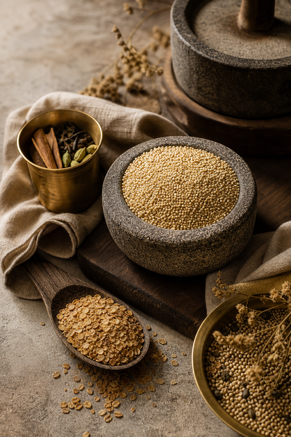 Premium still life of stone-ground millet, brass bowl ingredients, and handcrafted preparation tools on a warm natural surface