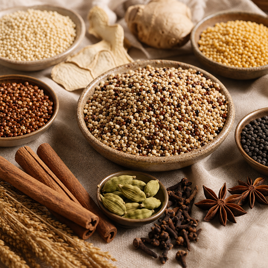 Close-up of heritage millet grains with warming chai spices and natural textures