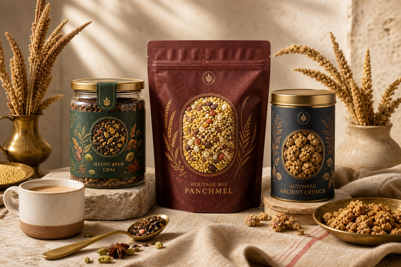 Elegantly styled premium millet-based products arranged with refined packaging