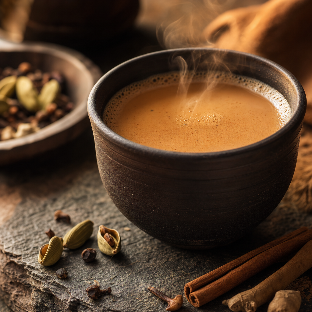 Mystic Brew Chai in a handcrafted cup with warming spice steam